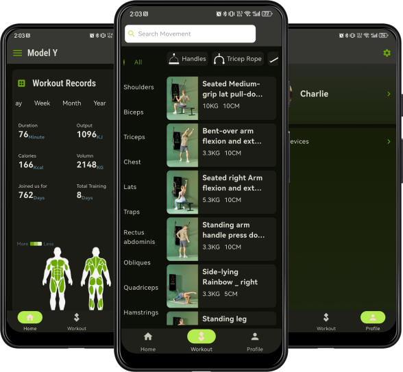 Ekrany aplikacji SPlan — statystyki treningowe, biblioteka ćwiczeń, profil użytkownika